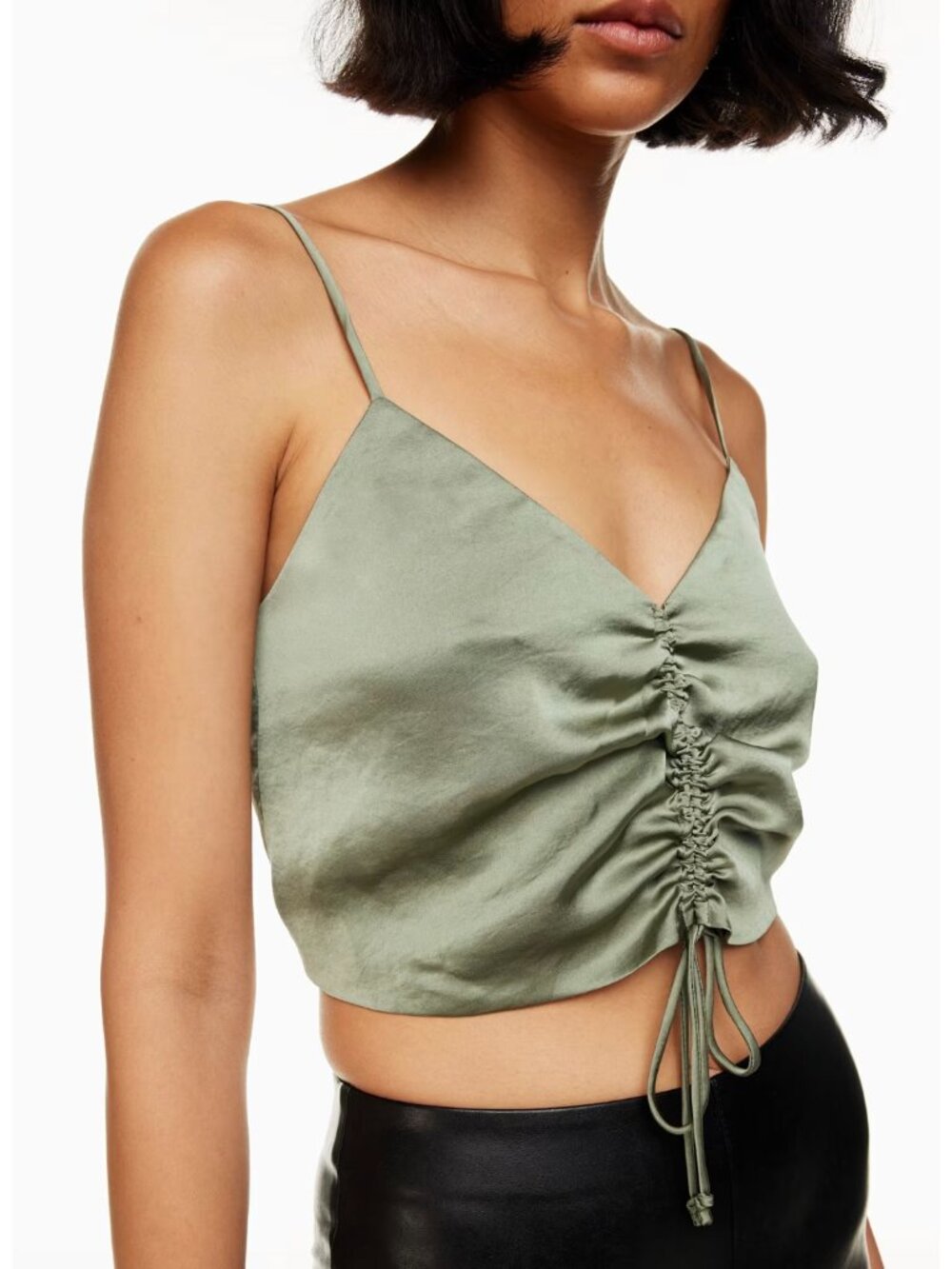 Wilfred Aritzia Bitter Sage Green Satin Gathered Front Verso Camisole Crop Top